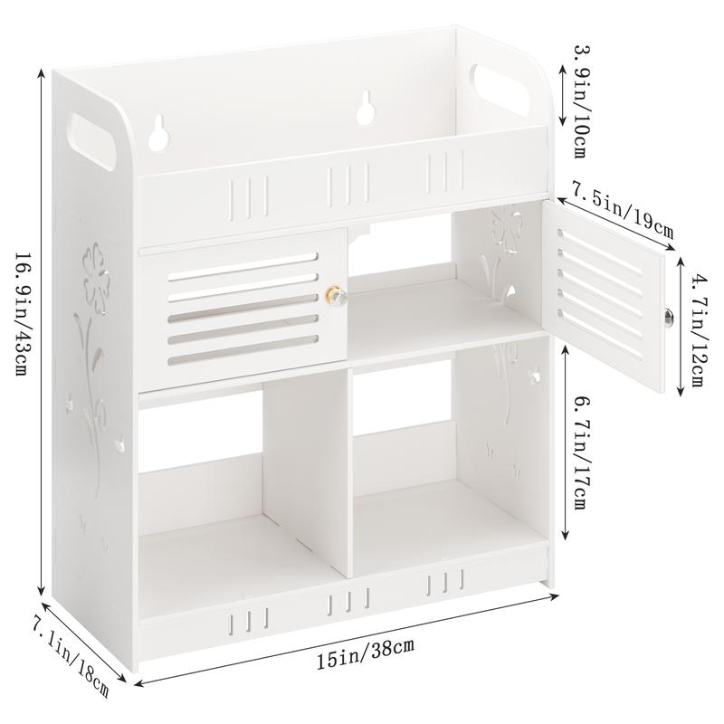Bathroom Cabinet with Hollow Flower Carved, Wall-Mounted Bathroom Storage Cabinet, Bathroom Toilet Storage Shelf, Punching Free Cosmetics Storage Organizer with 2 Doors and Opening Shelves 2