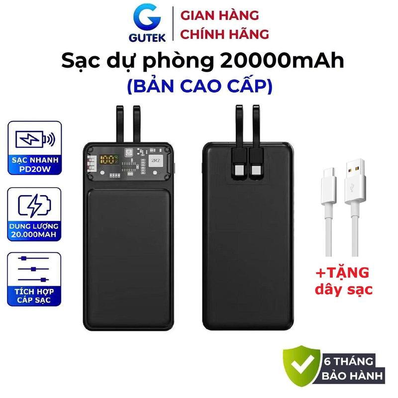 Sạc dự phòng 20000mah sạc nhanh PD20W dung lượng pin lớn có sẵn dây cho điện thoại - Gutek GT159