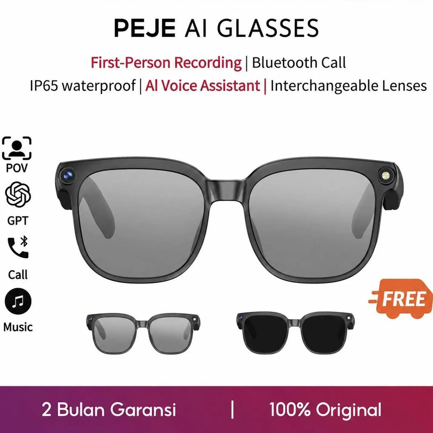 PEJE Smart Glasses AI Translate | POV | Bluetooth 5.4 Music & Call | IP65 Waterproof | Kacamata Pintar Outdoor Photochromic Lens - Photochromic Lens