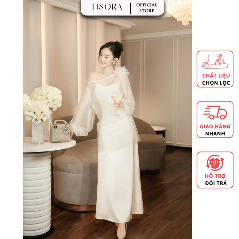 Đầm lụa 2 dây dáng dài (tặng kèm áo choàng đính hoa) sang trọng 2 màu Đen, Be - Tisora