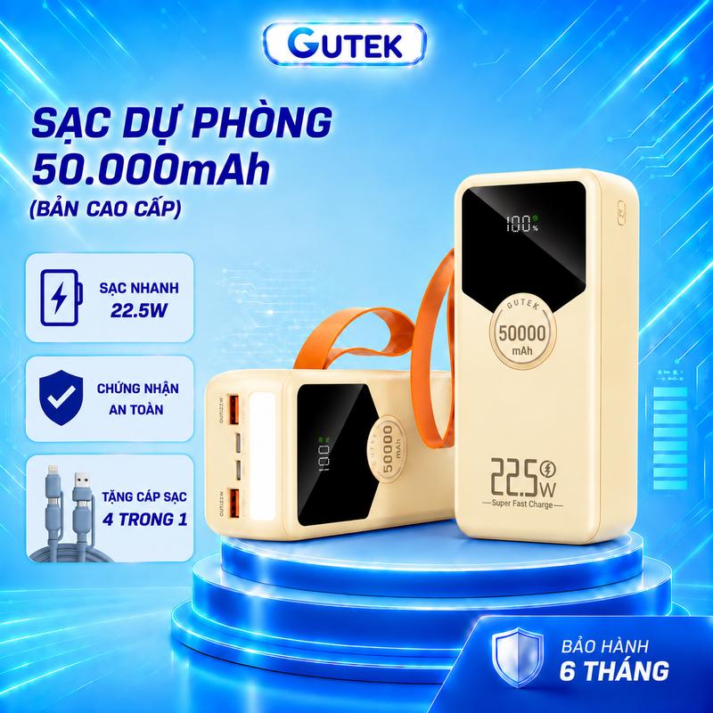 [Tặng sạc 4 trong 1] Pin Sạc dự phòng 50000mAh sạc nhanh 22,5W có dây cắm nhiều điện thoại - Gutek GT240