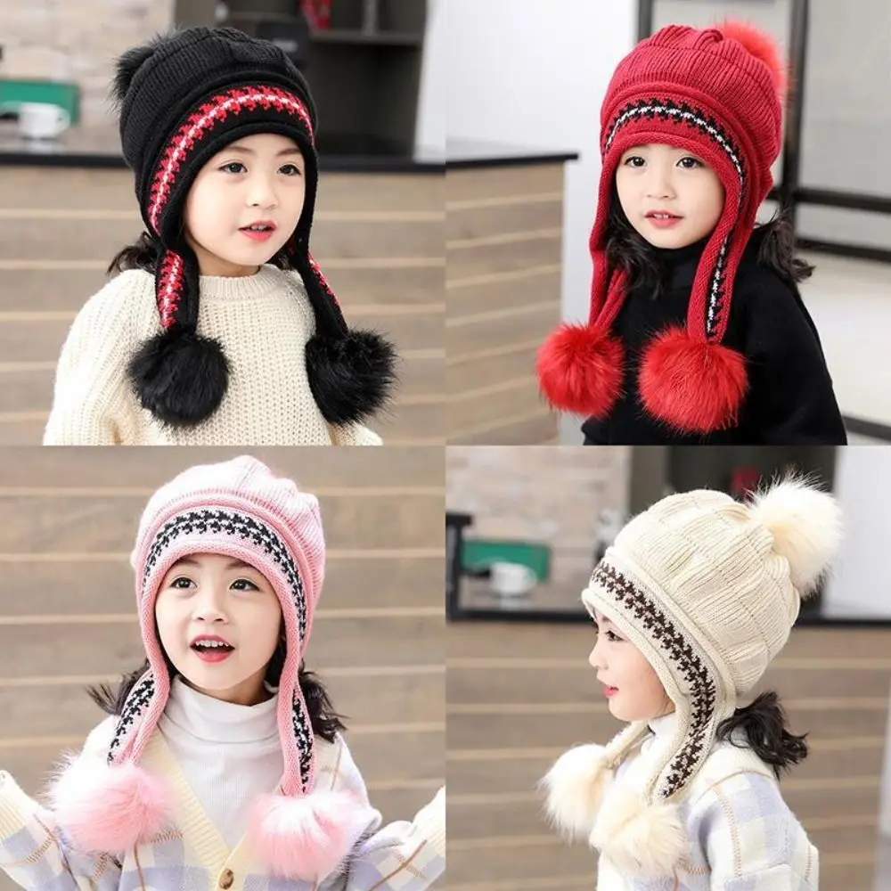 Mũ Len Dệt Kim, Phong Cách Mùa Thu Đông, Thiết Kế Thường Ngày Với Bóng Lông Pom Pom, Dày Dặn Và Ấm Áp, Mũ Bảo Vệ Tai Dễ Thương, Thích Hợp Cho Trẻ Em