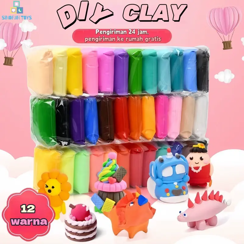 Clay Polymer isi 12 Pcs Clay Polymer 12 Warna Super Light Mainan Lilin Plastisin Clay Mainan Anak Toys