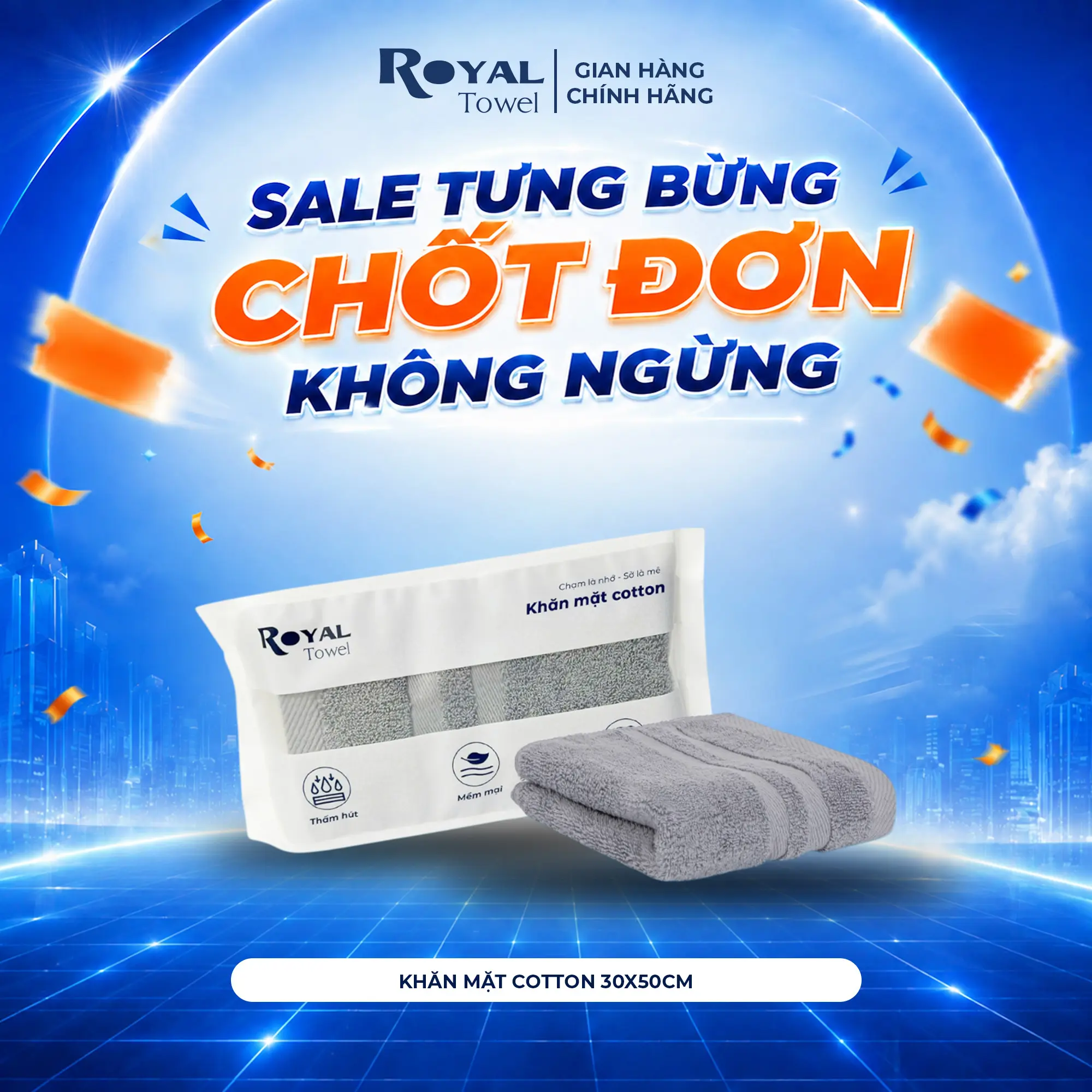 Khăn Mặt Royal Towel 30x50cm Sợi Cotton Mềm Mịn, Thấm Hút Tốt, Không Xổ Lông, Không Phai Màu