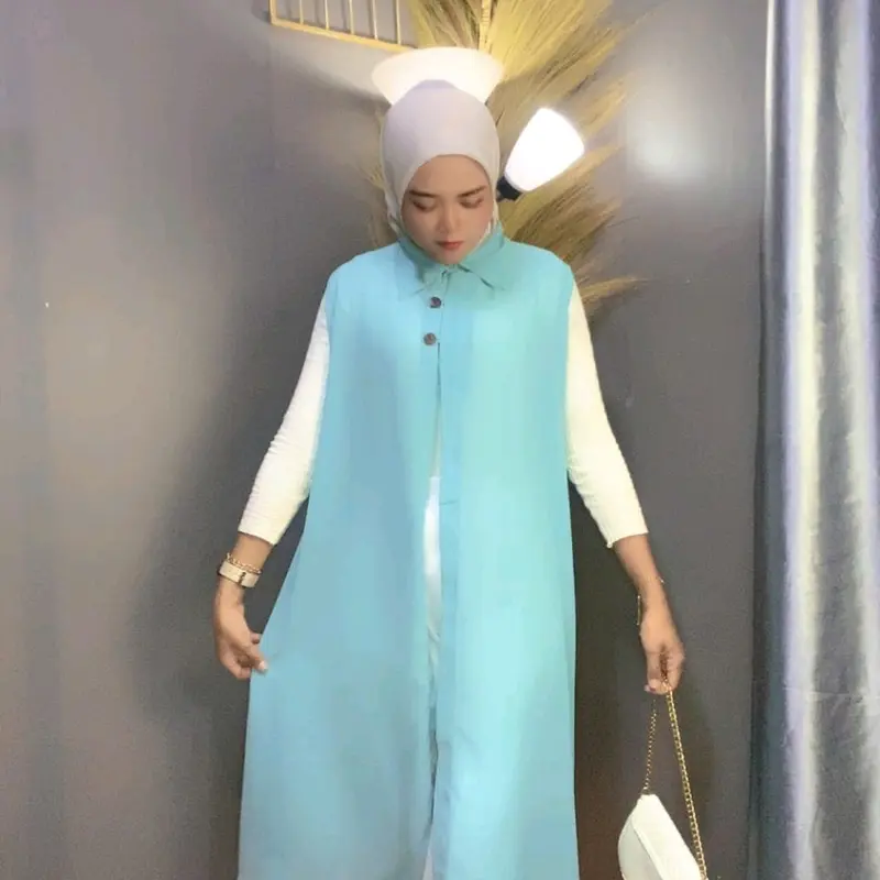 Outer Ceruty Long Dress Cardigan Kardigan Wanita Panjang Muslim Polos Tanpa Lengan Oversize Atasan Kancing Midi Dress Kondangan Cantik Jumbo blazer brokat aira outfit outer tenun 8