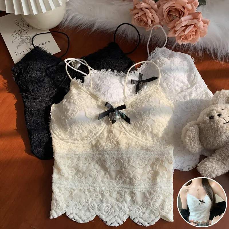 LNR Shop Tanktop Full Brukat Dengan Lonceng Love dan Pita ada Cup Pad Bra Busa Empuk Import Lengan Tali Kecil Model Belakang Full Karet Ruffle Bahan Cotton + Seamless Atasan Dalaman Outer BH Dalaman Kasual Tanpa Lengan Singlet Kamisol Tank Top Crop Top