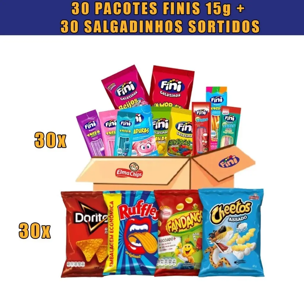 Kit Com 30 Salgadinhos Elma Chips + 30 Balas Finis Sabores Sortidos