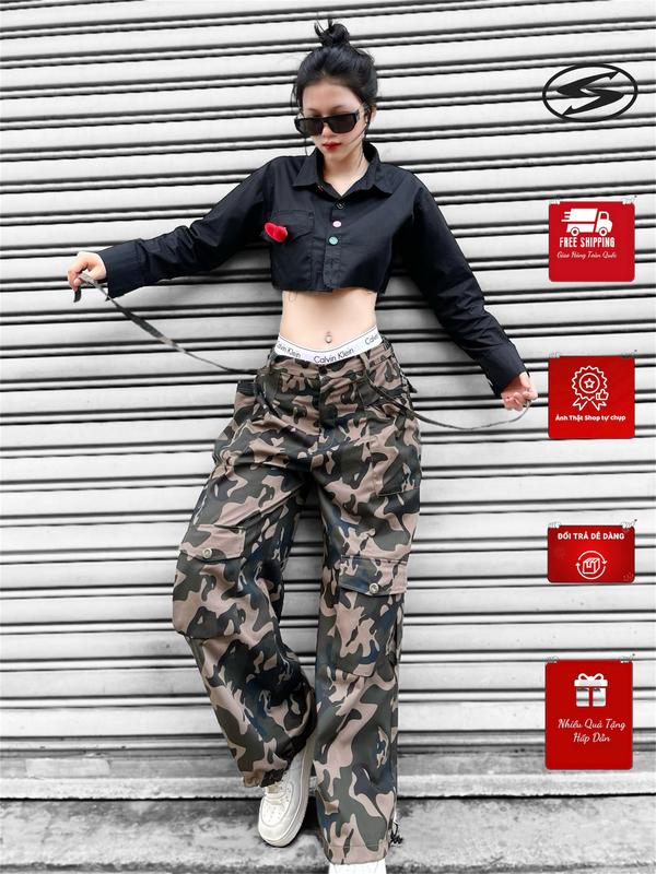  Quần Rằn Ri Cargo Camo Pants Túi Hộp  Quần Kaki Cargo Nam Nữ Ống Rộng Streetwear Năng Động 2025 