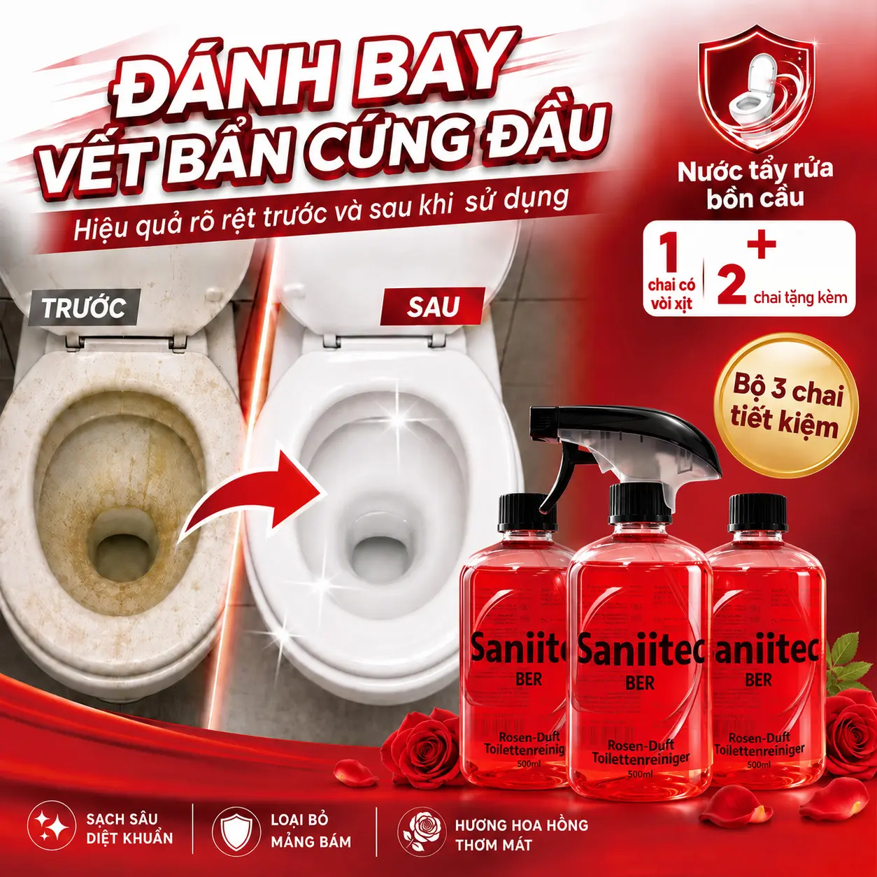 【MUA 1 TẶNG 2】Bộ 3 Chai Bọt Vệ Sinh Bồn Cầu 500ml - Diệt Khuẩn & Khử Mùi Toilet/Bồn Tắm | An Toàn TUYỆT ĐỐI Cho Trẻ Em, Da Nhạy Cảm & Vật Nuôi | Không Hóa Chất - Không Cần Chà