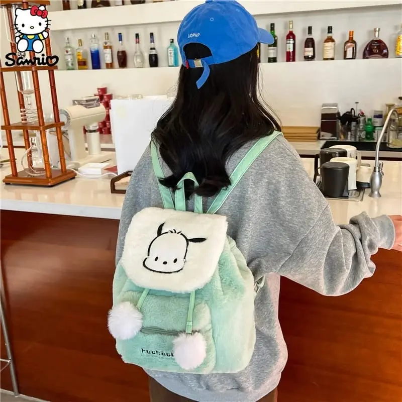 Tas Ransel Serut Boneka Bulu Sanrio Kawaii - Tas Ransel Premium Bulu Sannrio Tutup Depan Serut. 7