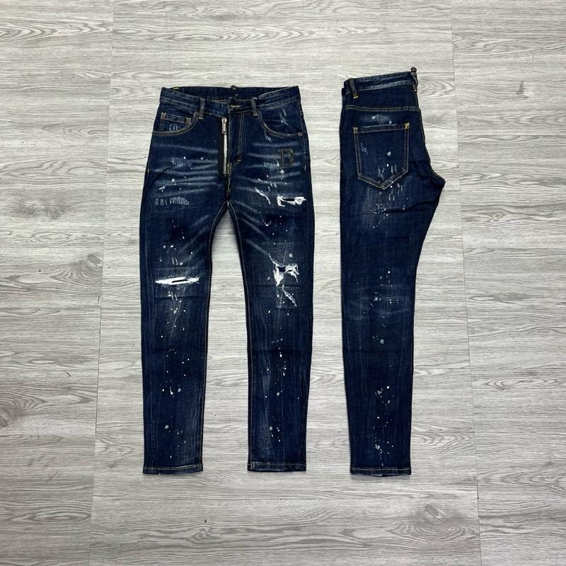 QUẦN JEAN NAM MÃ D2-09 XANH KHOÁ LỆCH RÁCH CÓ VÁ , VẨY SƠN CHỮ DA 4 CÚC , BÒ DÀI CAO CẤP , CO DÃN , PHOM ÔM CHÂN DS-Q ,  Có Túi