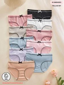 10 PIEZAS de Braguitas para niñas, sencillas, casuales, cómodas y transpirables, con diseño de moño lindo en la cintura frontal, Ropa interior estudiantil, Braguitas para niñas para todas las estaciones