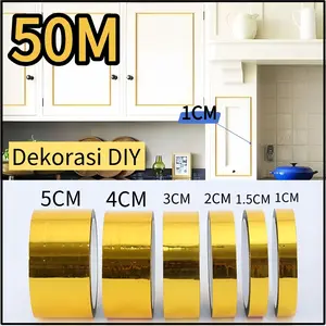 50M/Roll Gulungan Sticker Dekorasi Lantai Strip Dekorasi Lemari Pakaian DIY /Stiker Ubin Keramik Jahitan Emas Yang Indah Lantai Hiasan Dinding Dekorasi Idul Fitri - gold-0.5cm*50m