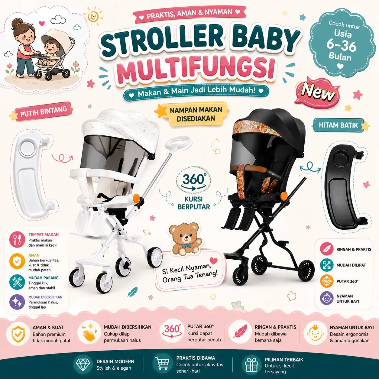 Magic Stroller Baby Kode 666 Multifungsi Lipat 2 Arah dengan Meja Makan & Kanopi Adjustable Kursi Nyaman untuk Bayi hingga 25kg - Trike dengan Roda Besar & Kuat dan Sabuk Pengaman - Dorong