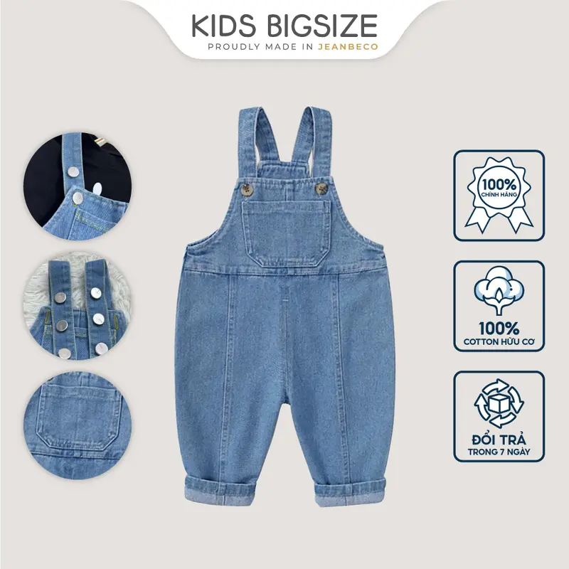 Quần yếm jeans hai dây KIDS BIGSIZE, yếm jean dáng dài cho bé gái bé trai màu xanh phối viền line form rộng QYD010 0