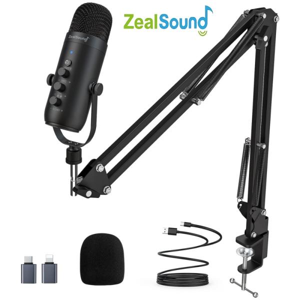 Bộ Micro chơi game, ZealSound, Bộ ngưng tụ podcast, Mic USB, với cánh tay bùng nổ, Micro Supercardioid, với nút tắt tiếng, Núm tăng âm lượng hồi âm, Điều chỉnh màn hình cho điện thoại, PC và máy tính