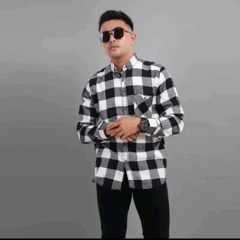 Kemeja Flanel Jumbo XL XXL XXXL Oversize Pria Wanita Lengan Panjang Unisek Distro Premium Kotak Casual Motif Garis Double Putih Neck V-Neck Slim-fitting Setrip Cowok Formal Baju Unisex 1