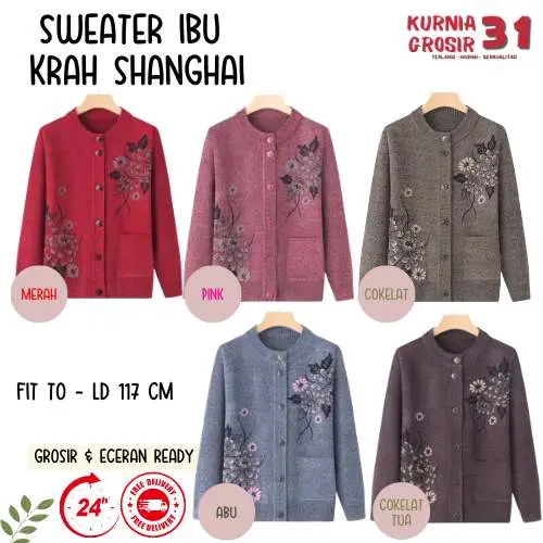 Sweater Ibu Krah Shanghai Krah Daun Motif Bunga / Baju Hangat Wanita / Pakaian Casual Rajut Halus Kancing Kerah Berkualitas 0