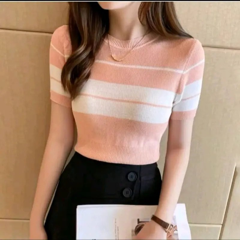 Atasan Kaos Crop Top Wanita Stripe / Baju Rajut Wanita Crop Knit / Casual Top Setrip Fit Tebal Pendek Cewek Garis Panjang 3