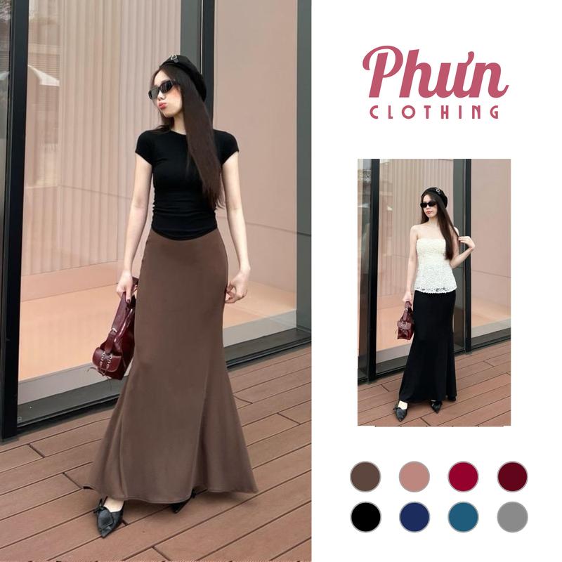  Chân váy đuôi cá dáng dài xoè nhẹ PhưnClothing   Có 2 chiều dài 95cm và 100cm free size từ 40 - 63kg   _ Chất thun hàn mềm mịn dày dặn mát rũ co giãn 4 chiều và đàn hồi 