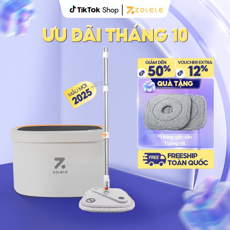 Bộ Lau Nhà Tự Vắt Thông Minh 360 Độ 2 Ngăn Tách Riêng Nước Bẩn Zolele M22 Phiên Bản Mới 2025 Màu Xám Nhạt