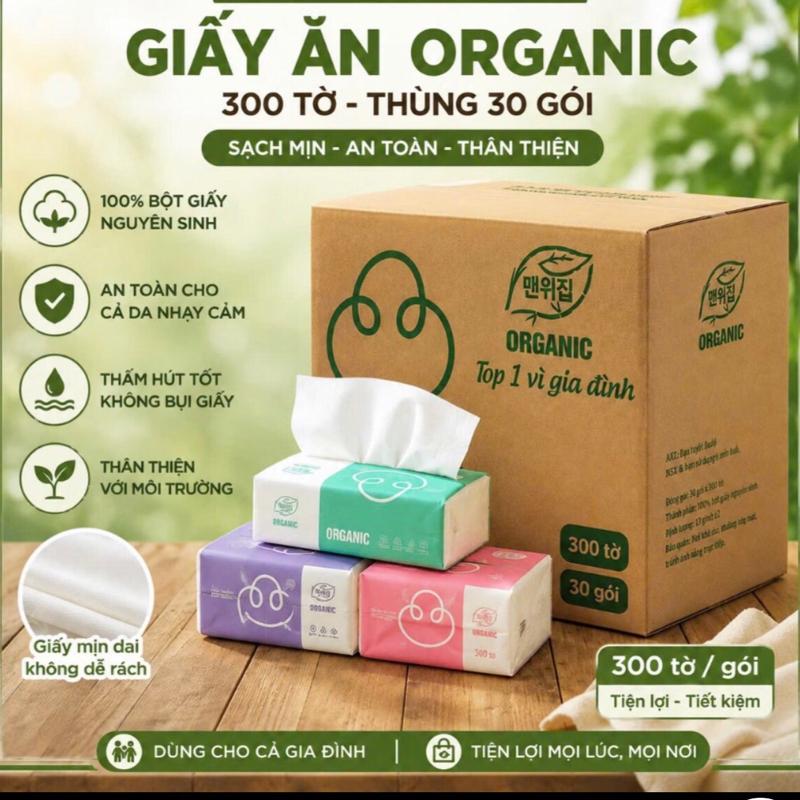 ￼1 Thùng 30 gói giấy ăn Organic giấy 3 lớp 300 tờ - chuẩn loại 1