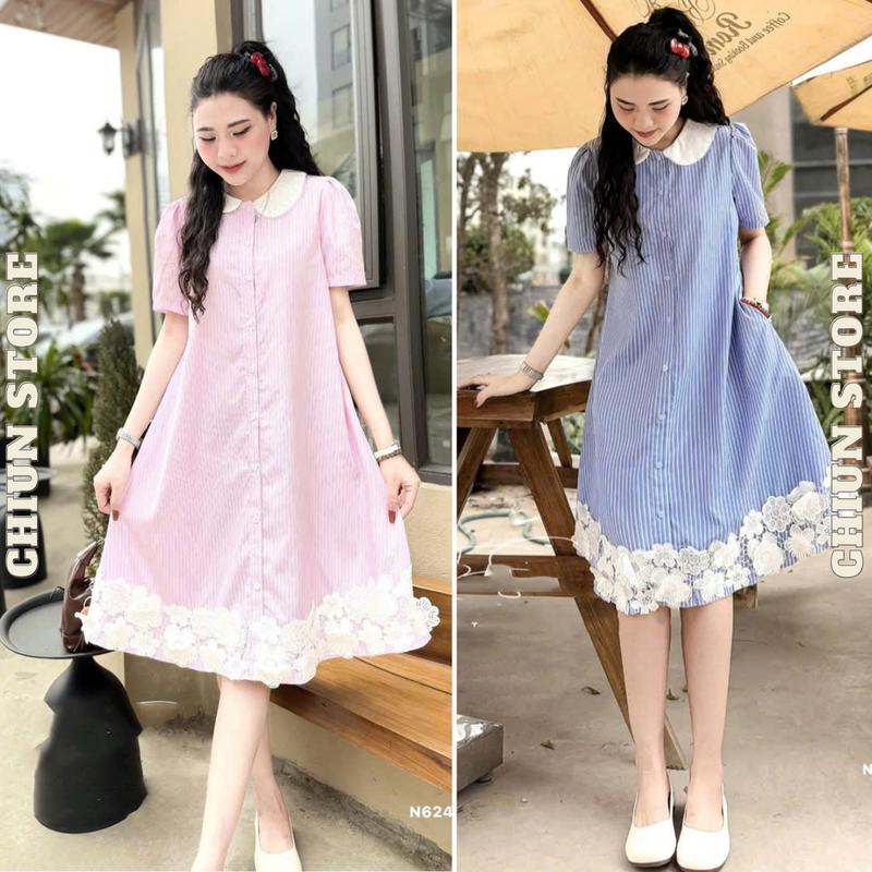 Đầm Bầu Tiệc, Váy Bầu Công Sở Somi Dáng Xuông Phối Chân Ren Chất Liệu Lụa Thô Mềm Mát Mùa Hè Cộc Tay M915 Chiun Store Đi Làm, Đi Chơi nữ women Dress hồng xanh ren