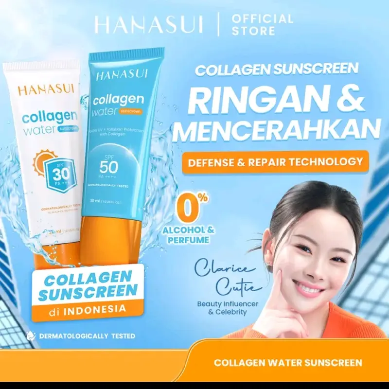 Hanasui Collagen water sunscreen - SPF 30 - SPF 50 - Ringan dan menenangkan Kulit No Whitecast Wajah Tidak Kusam Berminyak 0