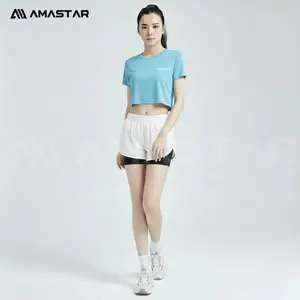 AMASTAR - 2 PCS/set Crop Top Wanita Dan Celana Double Short Olahraga Running Padel gym
