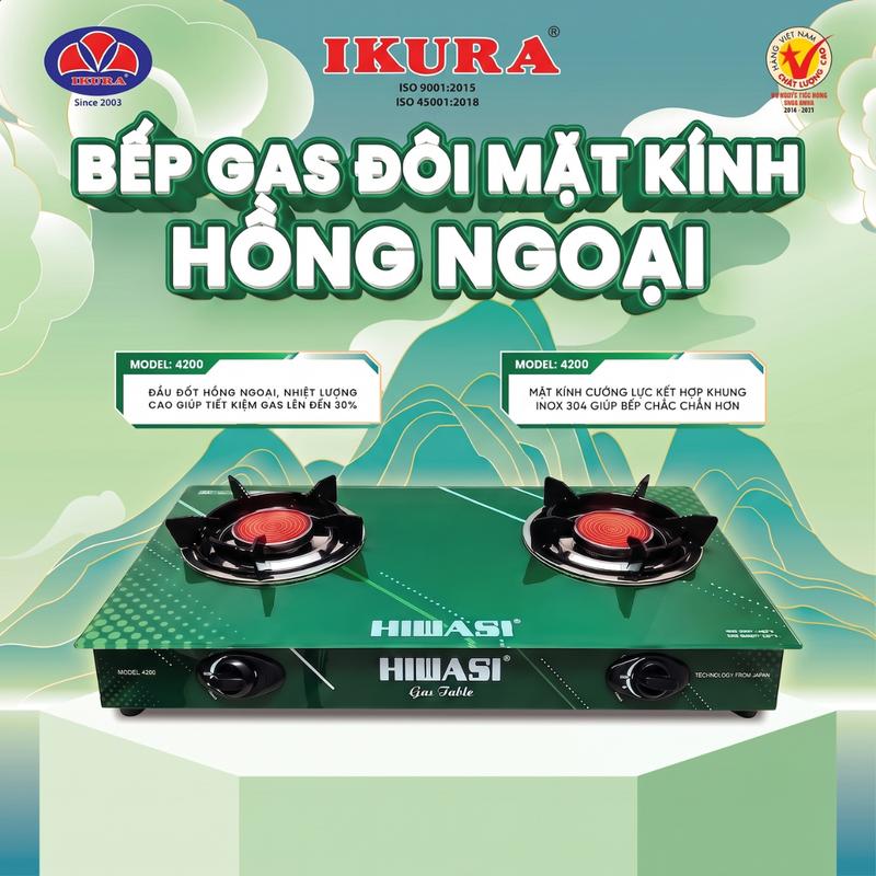 BẾP GAS ĐÔI HỒNG NGOẠI IKURA 4200 HN (MẪU MỚI) KIỀNG DÀY CHẮN GIÓ, MÂM CHIA LỬA HỒNG NGOẠI 9CM ĐUN MAU SÔI