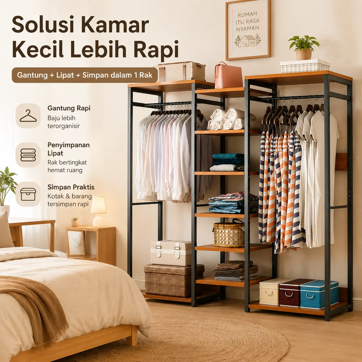Lemari Pakaian Sederhana Minimalis Modern - Lemari Penyimpanan Ekonomis - Lemari Pakaian Kamar Tidur - Rak Gantungan Pakaian Logam Terbuka - Rak Gantungan Tanah - Rak Penyimpanan Sudut