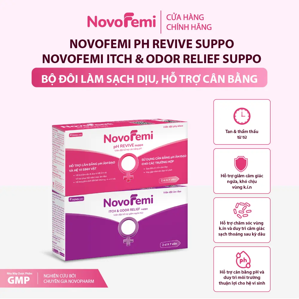 Combo 1 NovoFemi dưỡng ẩm & phục hồi + 1 NovoFemi Tím Treat Itch làm sạch dung dich vệ sinh 180ml