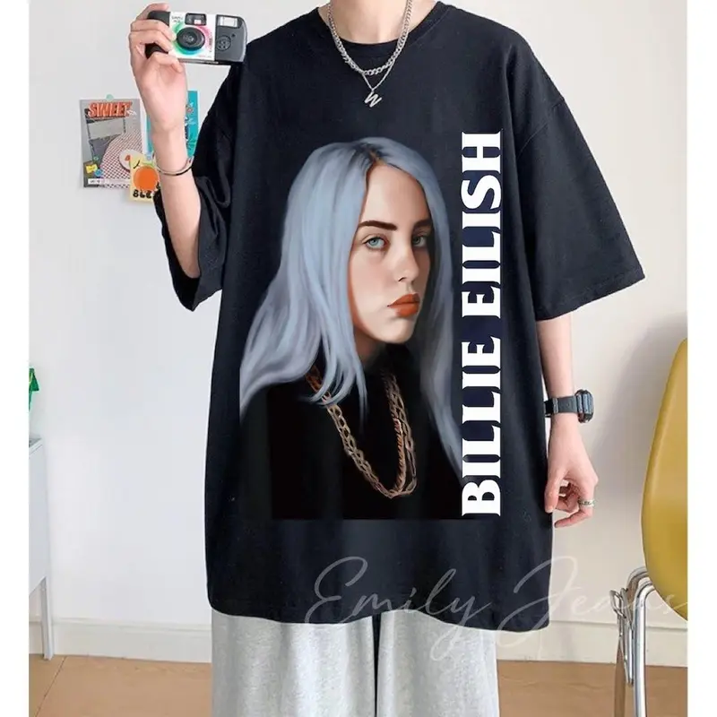 EMILY BILLIE EILISH Black Loose T-shirt Tops for Men & Women Kaos/Shirt Unisex. 1