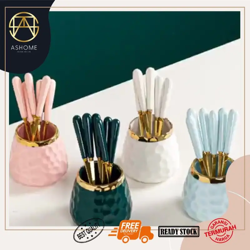 ASHOME Tempat Sendok Kue Keramik Motif Totol Glossy List Gold / Tempat Sendok Keramik Elegan / Tempat Sendok Dessert / Spoon Storage Wave List Gold Elegan