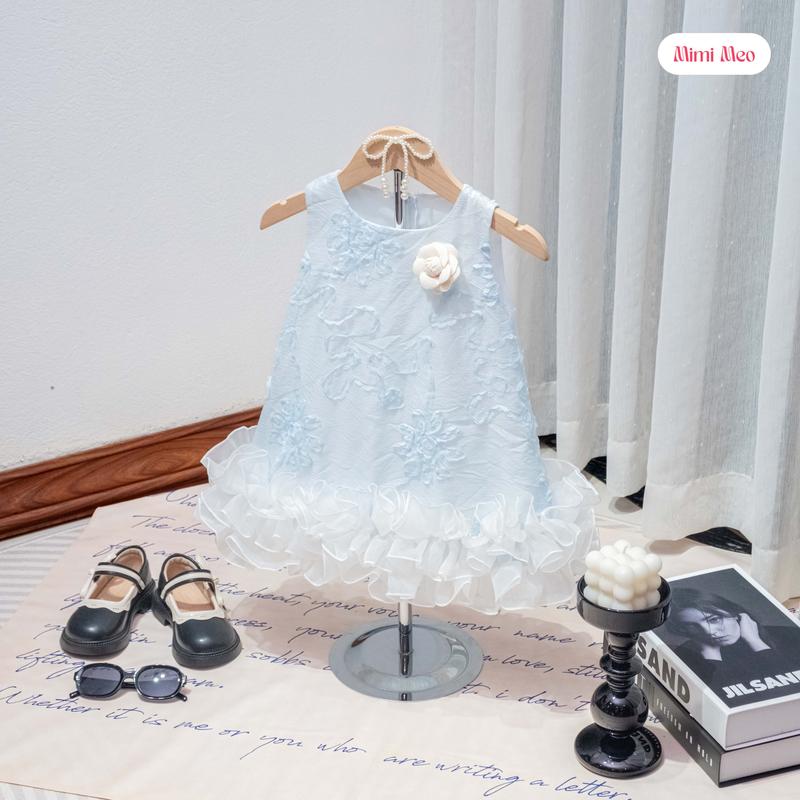 [Mimi Meo - TD312] Váy bé gái 9-34kg - Đầm dáng xoè vải đũi hoa thêu Xanh/Kem