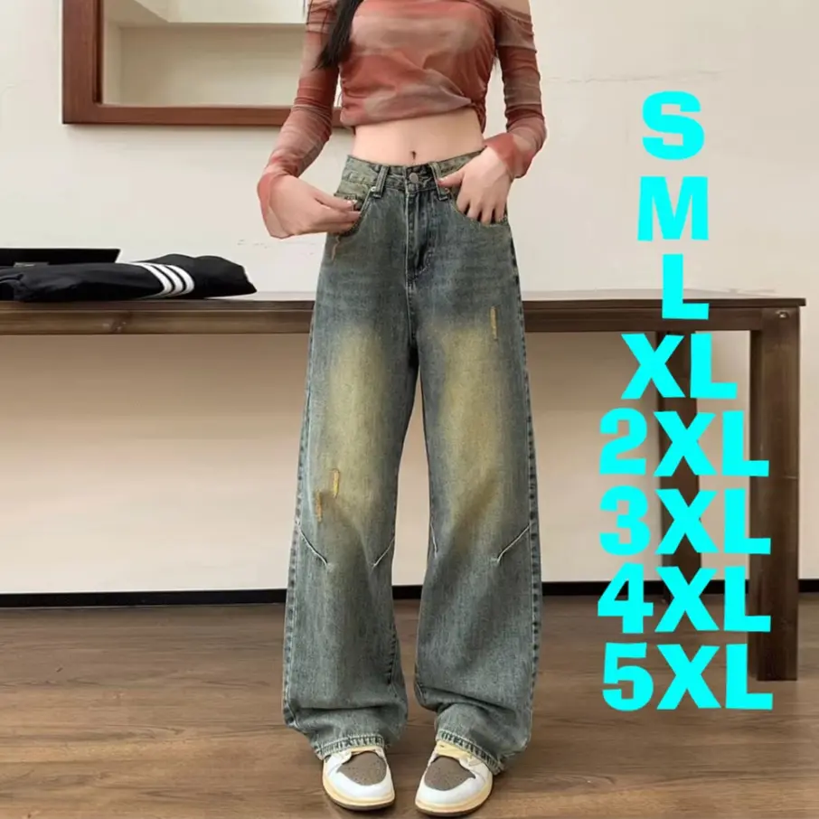 【boll.id】Celana Jeans Jumbo Wanita Big size — 5XL Celana Jeans Panjang Wanita Jeans High waist Korean Style Wanita Retro Baggy Pants Sobek Cewek Outfit Wanita Kekinian