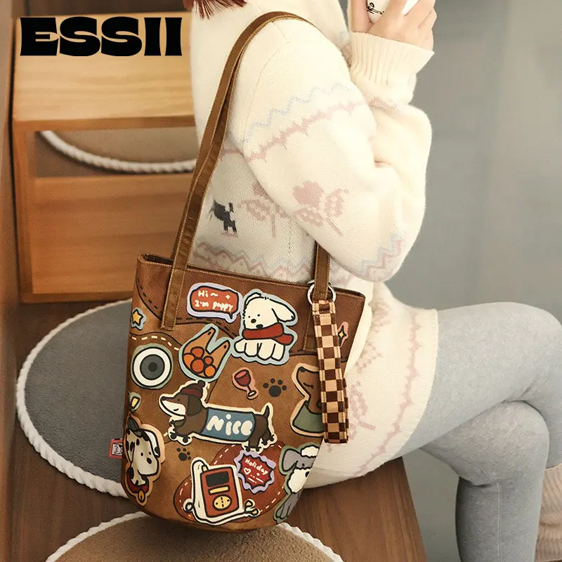 new illustration  bucket bag  versatile personalized cloth bag co-casual fashion commuter women single crossbody Leather puppy essentials