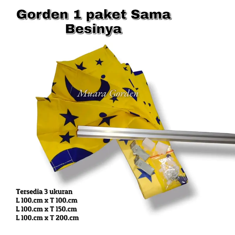 Gorden plisket Bulan Bintang 1 Set Lengkap Dengan Batang Tinggal pasang /Gorden Jendela Panjang 2 mtr / Gorden Jendela Pendek / Gorden Pintu Kamar / Gorden Jendela kamar / Gorden Murah / Hordeng 1 set lengkap / Tirai Jendela  Kain Biru Kuning 0