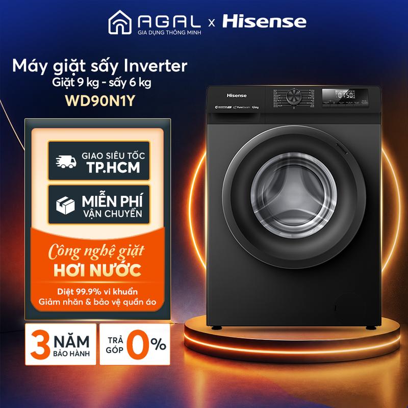 Máy giặt sấy Hisense Inverter Giặt 9kg/ Sấy 6kg WD90N1Y Giặt AI, Giặt & sấy 60 phút