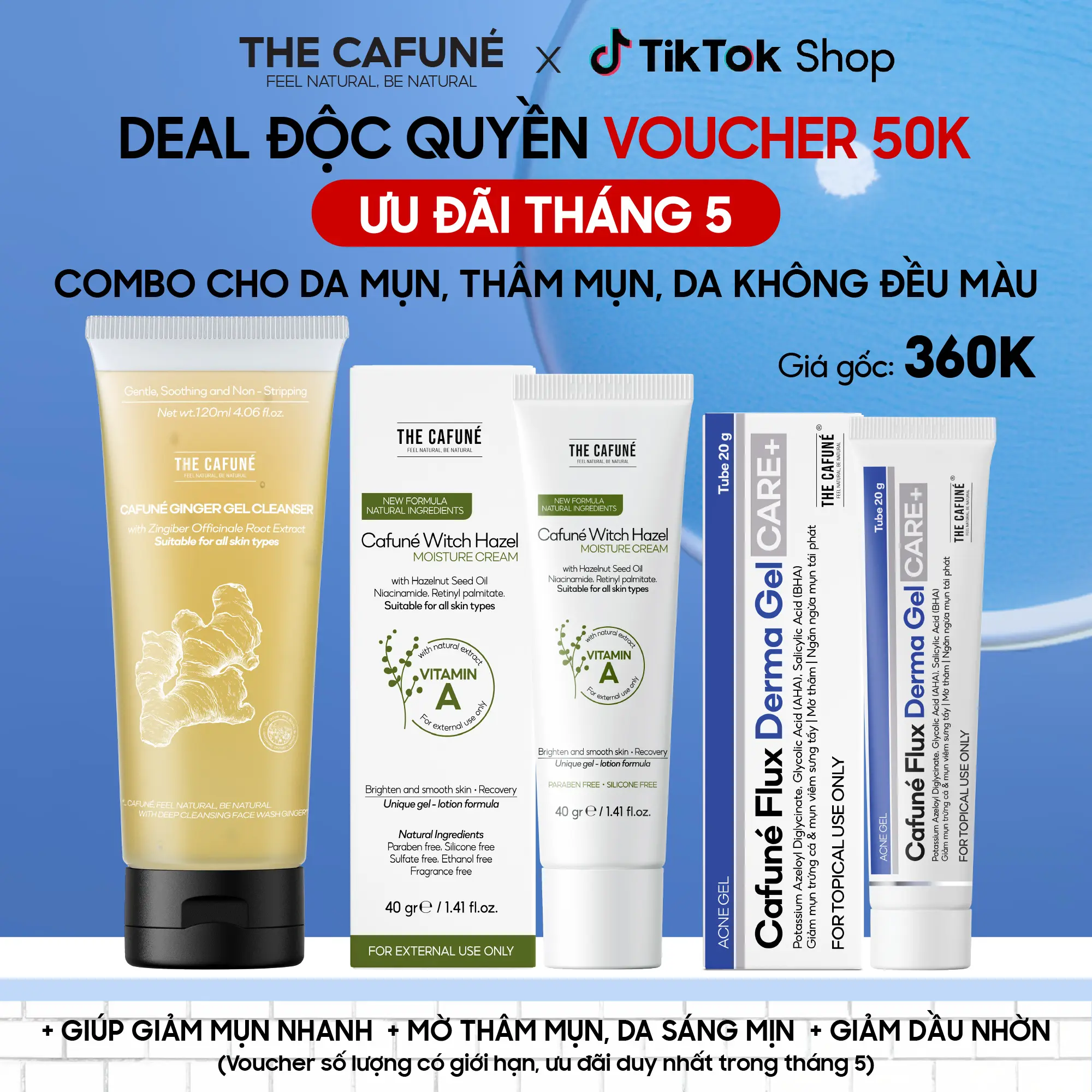 [DEAL ƯU ĐÃI] Combo Gel Chấm Mụn Cafuné Flux, Sữa Rửa Mặt, Kem Dưỡng Ẩm The Cafuné Dành Cho Da Mụn 120gram Skincare  Làm Đẹp Da Chăm Sóc Da