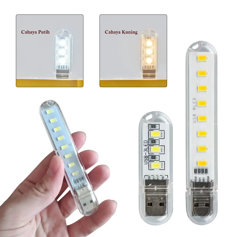 Lampu USB Mini Stik 3 / 8 / 24 LED Strip Colok Portable Lamp Baca Darurat Plastik White Panjang
