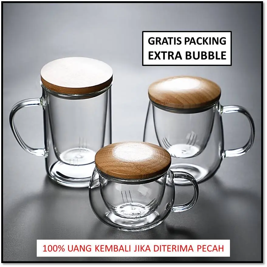 Gelas kaca cangkir air infuser saringan filter rempah herbal teh anti panas tutup kayu