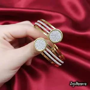 [Beli 1 Bonus1 Random] Gelang Bangle Wanita 2 Mata Permata Hitam & Putih | Titanium Premium | Look Mewah | Anti Karat | Elegan & Modern