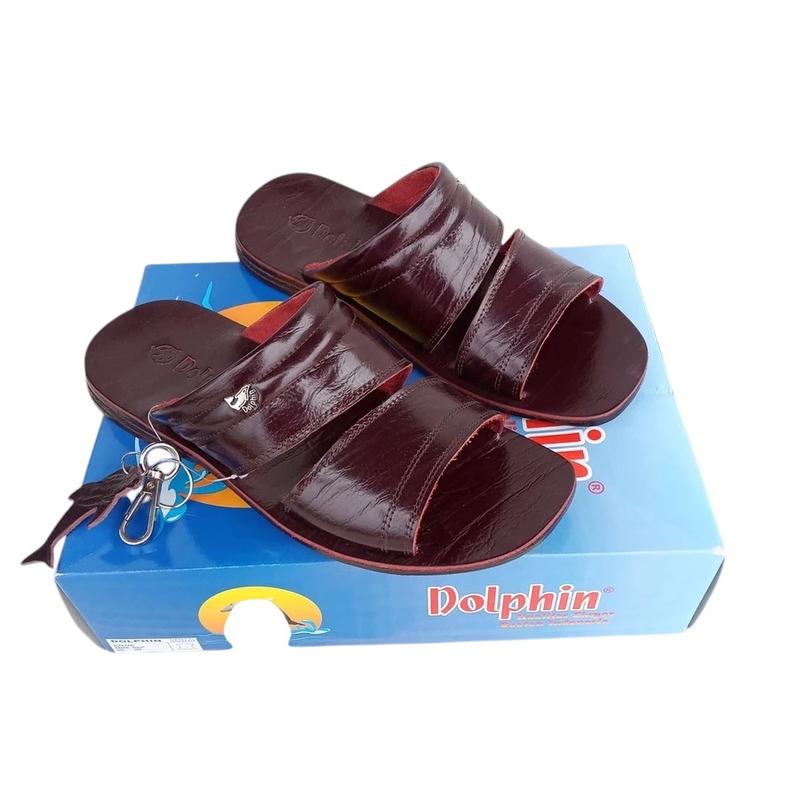 KOLEKSI BARU - Sandal Slop Pria Dolphin D-05 - Sandal Slide Bahan Kulit -  Coklat 0