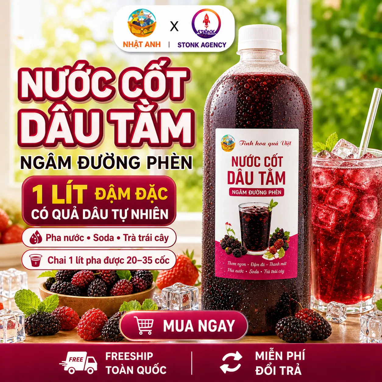 [1 Lít Đậm Đặc] Nước Cốt Dâu Tằm Ngâm Đường Phèn Chuẩn Vị – Thanh Mát Giải Nhiệt, Đẹp Da Tự Nhiên | Siro Dâu Tằm Thơm Đậm Vị Pha Nước Đá, Soda, Trà Trái Cây | Ăn Vặt Nhật Anh
