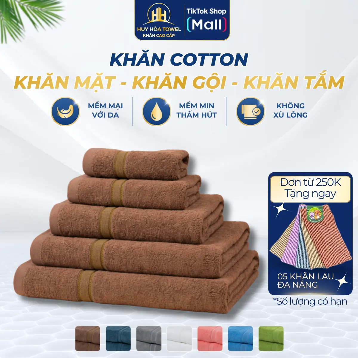 Khăn Tắm, Khăn Gội, Khăn Mặt Huy Hòa Towel Sợi Cotton Mềm Mịn, Thấm Hút Tốt, Không Xổ Lông, Không Phai Màu