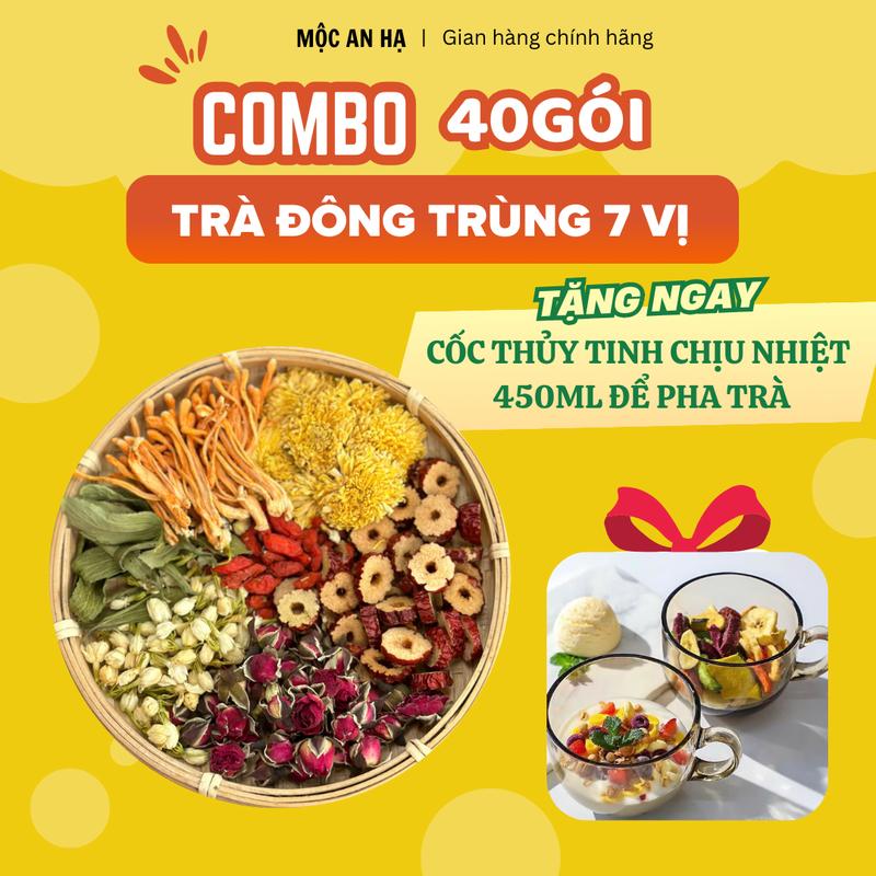Combo 40 gói trà dưỡng nhan đông trùng 7 vị tặng cốc thủy tinh chịu nhiệt 450ml nước trà chè tea