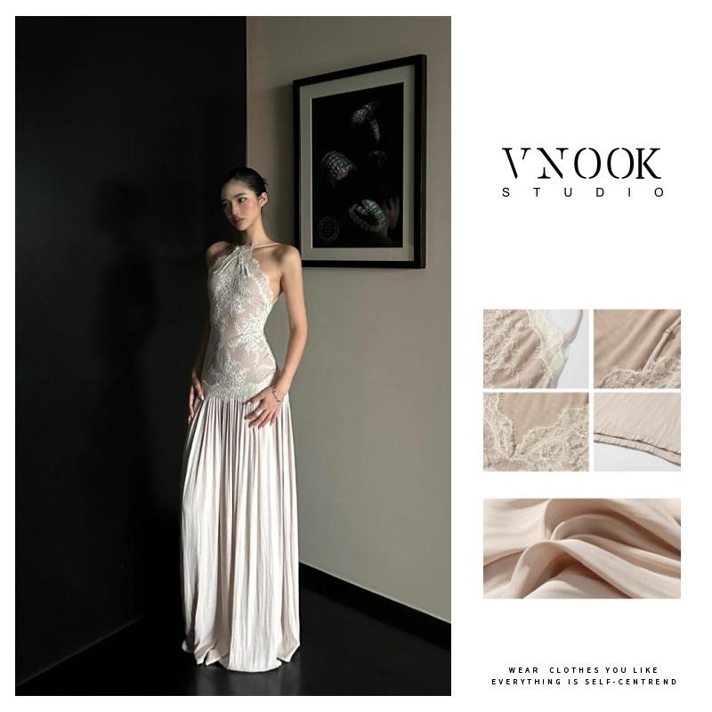  【VNOOK Váy áo yếm ren dành cho phụ nữ vào mùa hè bó sát eo hở lưng không tay váy dài 