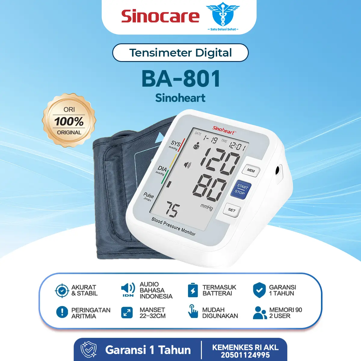Tensimeter Digital Sinocare BA‑801 | Otomatis, Suara Indonesia, 2‑User 90 Memory, Smart Pressure