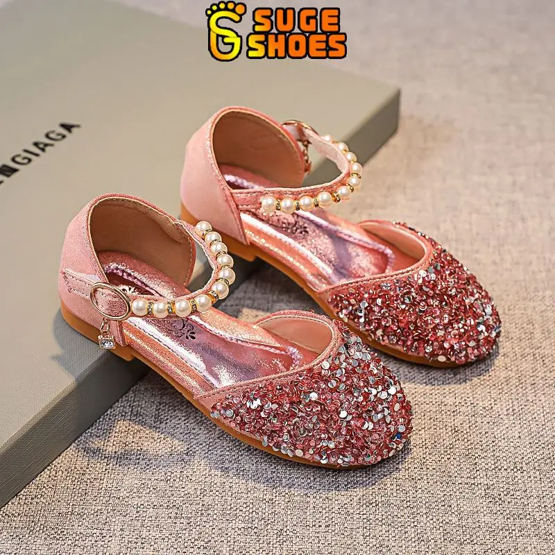 SUGE nicely sandals for kids girl cute gold Flats Bling Blilng Princess Dress Shoes